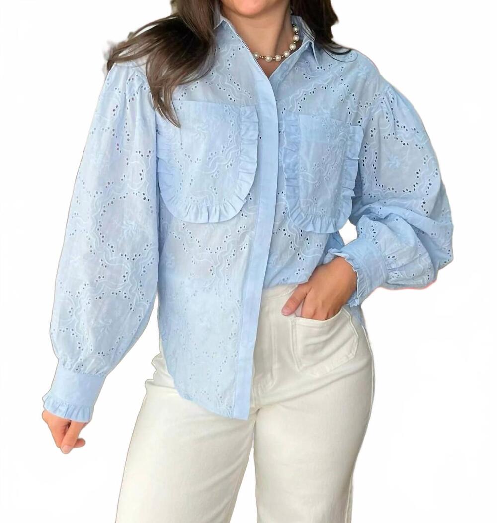 NEW LISTICLE carolina charm eyelet button down top in light blue